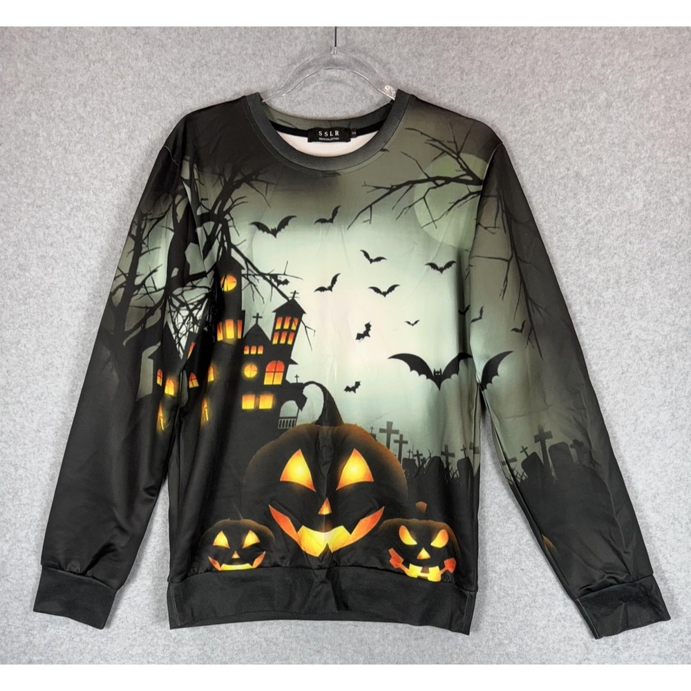SSLR Sweater Mens Small‎ Black Halloween Pumpkin Haunted House Crewneck Pullover